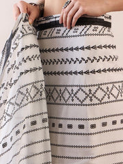 Women’s Ready to Wear Mul Cotton Saree with Pocket, White and Black