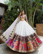 Women’s White Lehenga Choli Set with Multicolor Printed Border