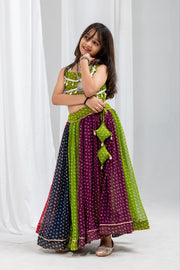 Girls Traditional Bandhani Printed Lehenga Choli Set with Dupatta, Multicolor Indian Ethnic Wear