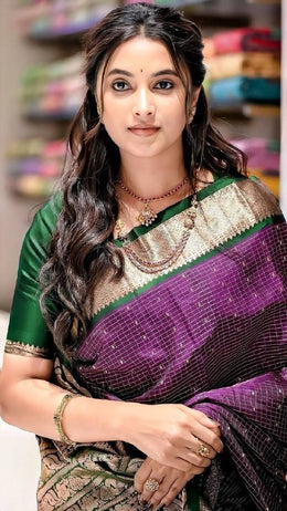 Purple and Green Silk Saree for Women with Traditional Jacquard Woven Design