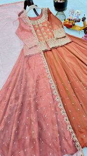 Women’s Pink and Brown Embroidered Lehenga Choli Set with Dupatta