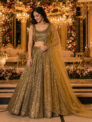 Women’s Golden Olive Green Embroidered Lehenga Choli with Dupatta