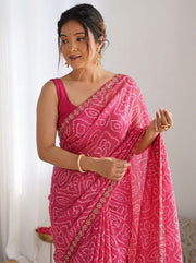Bandhani Print Saree for Women with White Traditional Pattern and Piping Border