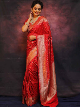 Red Banarasi Silk Saree for Women with All Over Woven Butti Design