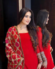 Women’s Red Embroidered Kurta Set with Printed Dupatta