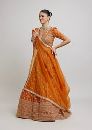 Women’s Orange Embroidered Lehenga Choli Set with Dupatta For Traditional