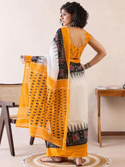 Women’s Ready to Wear Mul Cotton Saree with Pocket, White, Mustard Yellow and Black Printed