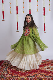 Women Girls Traditional Indian Lehenga Choli Set with Olive Green Bandhani Printed Top