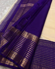 Cream White Silk Saree for Women with Golden Butti and Royal Blue Zari Jacquard Border