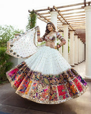 Women’s White Lehenga Choli Set with Multicolor Printed Border