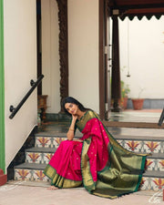 Women Pink and Green Silk Saree with Golden Zari Butti and Contrast Woven Border