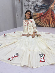 Women’s White Traditional Indian lengha choli with Embroidered Border and Printed Ethnic Motifs