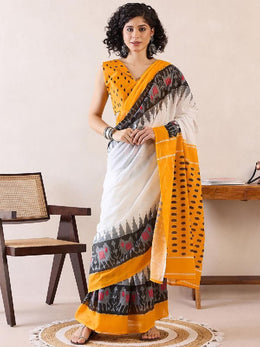Women’s Ready to Wear Mul Cotton Saree with Pocket, White, Mustard Yellow and Black Printed