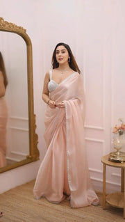 Women’s Soft Pink Chiffon Saree with Silver Embroidered Border for Wedding, Party & Festive Wear