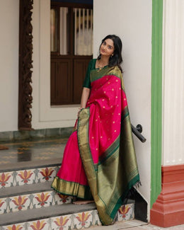 Women Pink and Green Silk Saree with Golden Zari Butti and Contrast Woven Border