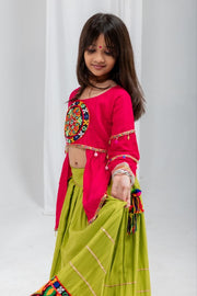 Traditional Indian Lehenga Choli Set with Green Flared Lehenga Skirt, Pink Printed Jacket Top