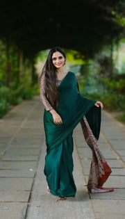 Women’s Ready to Wear Crape Silk Saree, Elegant Dark Green Printed Stitched Saree