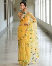 Women’s Ready to Wear Crape Silk Saree, Yellow Floral Printed Stitched Saree