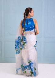Women’s White Organza Silk Saree with Blue Floral Print