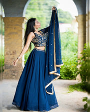 Women’s Navy Blue Embroidered Lehenga Choli Set with Dupatta