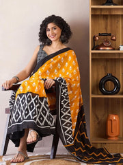 Women’s Ready to Wear Cotton Saree, Mustard Yellow and Black Printed
