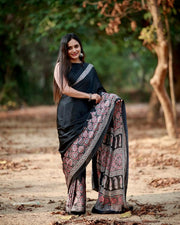 Women’s Ready to Wear Crape Silk Saree, Black Printed Stitched Saree with Red Floral