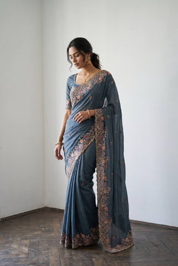Women’s Blue Embroidered Saree with Floral Border, Elegant Traditional Indian Saree