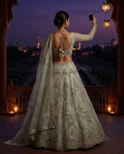 Women’s Sage Green Embroidered Lehenga Choli Set with Dupatta