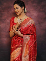 Red Banarasi Silk Saree for Women with All Over Woven Butti Design