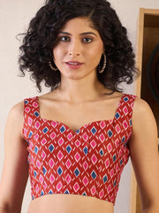 Women’s Ready to Wear Mul Cotton Saree with Pocket, Blue and Red Printed