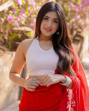 Women’s Red Lightweight Saree with White Floral Border