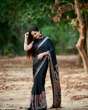 Women’s Ready to Wear Crape Silk Saree, Black Printed Stitched Saree with Red Floral