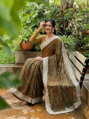 Brown Printed Saree for Women with Intricate Embroidered Border