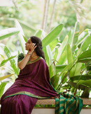 Wine Purple Silk Saree for Women with Green Contrast Border and Traditional Woven Design