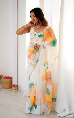 Women’s White Floral Printed Chiffon Saree with Colorful Flower Design for Wedding, Party & Festive Wear