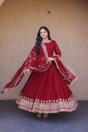 Women’s Red Embroidered Anarkali Suit with Dupatta, Floor Length Indian Ethnic Dress Set