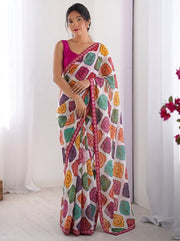 Bandhani Print Saree for Women with White Traditional Pattern and Piping Border