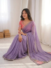 Women’s Lavender Purple Saree with Floral Embroidery and Decorative Border