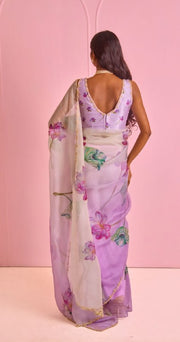 Women’s Ready to Wear Organza Silk Saree, Lavender Floral Printed Stitched Saree