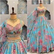 Women’s Turquoise Blue Floral Lehenga Choli with Dupatta