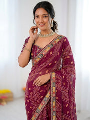 Women’s Green Bandhani Print Saree with Embroidery Work Border