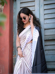 Women’s Ready to Wear Mul Cotton Saree with Pocket, White and Black Printed Stitched Saree