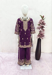 Girls Purple Embroidered Kurta Palazzo Set with Dupatta