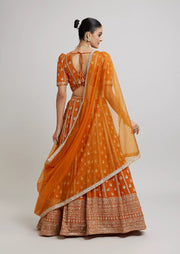 Women’s Orange Embroidered Lehenga Choli Set with Dupatta For Traditional