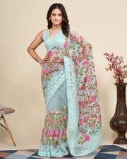 Indian Floral Embroidered Saree for Women with Lace Border