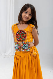 Girls Traditional Indian Lehenga Choli Set, Mustard Yellow Flared Lehenga Skirt