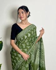 Women’s Ready to Wear Mul Cotton Saree with Pocket, Green Printed Stitched Saree