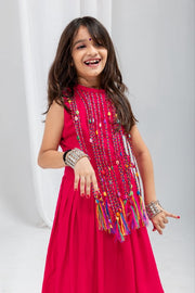 Indian Ethnic Dress, Pink Sleeveless Anarkali Style Maxi Dress with Multicolor Tassel