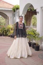 Women’s Embroidered Black Peplum Kurti with White Flared Lehenga Skirt
