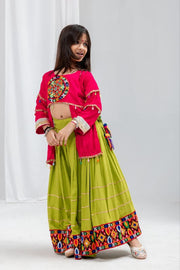 Traditional Indian Lehenga Choli Set with Green Flared Lehenga Skirt, Pink Printed Jacket Top